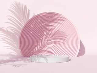 Mock up podium for product presentation, pink color background, tropical leaf shadow, 3d render, 3d illustration