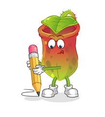 Nepenthes write with pencil. cartoon mascot vector