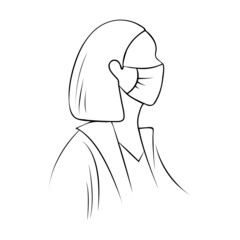 Female portrait in profile in medical mask in a minimalist style. Hand-drawn contour illustration, vector sketch isolated on white background.