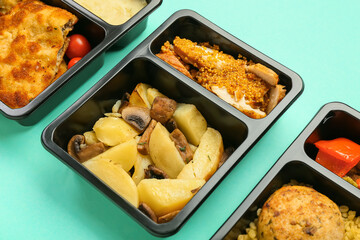 Food delivery containers with meals on color background, closeup