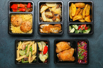 Lunch boxes with different meals on dark background