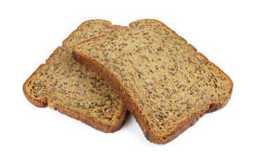 Two slices of wholemeal bread with seeds isolated on white background