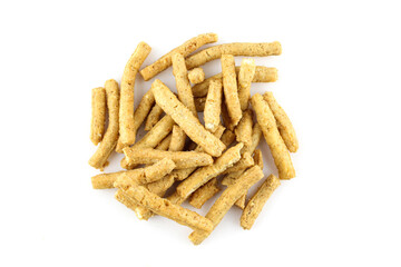 Group of salty peanut cracker sticks isolated on white background