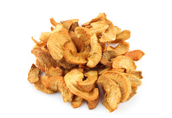 Bunch of dehydrated apples isolated on white background. Dry fruit chopped