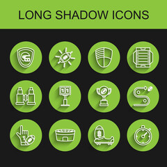 Fototapeta premium Set line Number 1 one fan hand glove with finger raised and american football ball, Stopwatch, Sport mechanical scoreboard result display, Planning strategy concept and Award cup icon. Vector