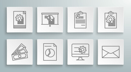 Set line Stacks paper money cash, Board with graph chart, Document, Computer monitor, Envelope, Clipboard resume, and icon. Vector