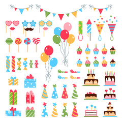 Happy Birthday color flat elements set. Festive bright holiday party objects balloon cupcake birthday cake with candles candy whistle present hat on white background. Greeting card vector illustration