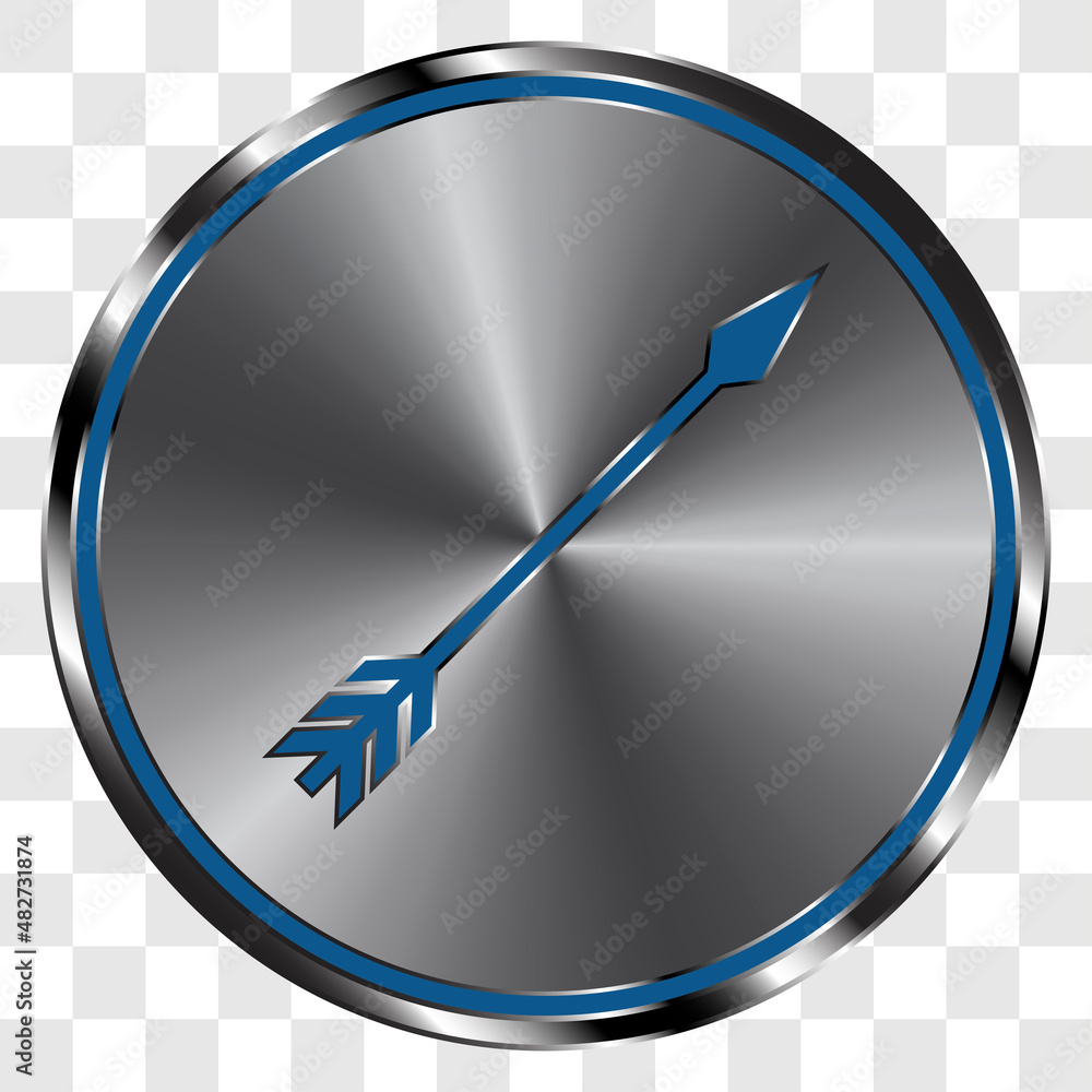 Poster arrow simple icon vector on metal round button. transparent grid