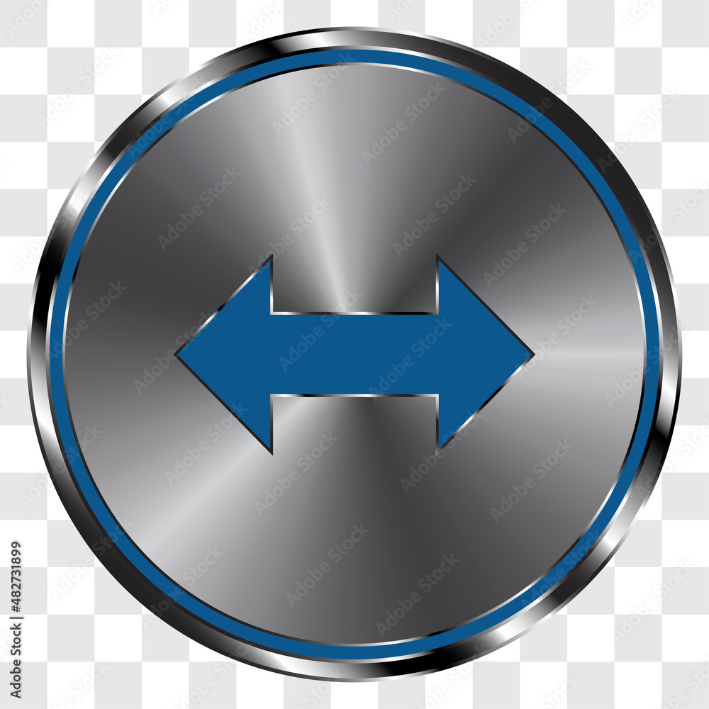 Poster arrow, two side simple icon vector on metal round button. transparent grid