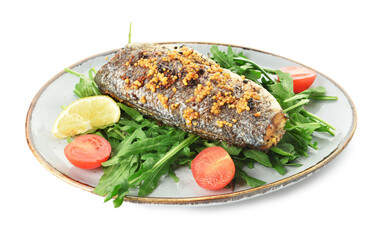 Plate with delicious sea bass fish and vegetables on white background