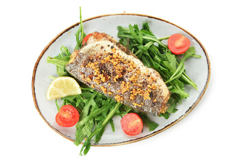 Plate of tasty sea bass fish and vegetables on white background