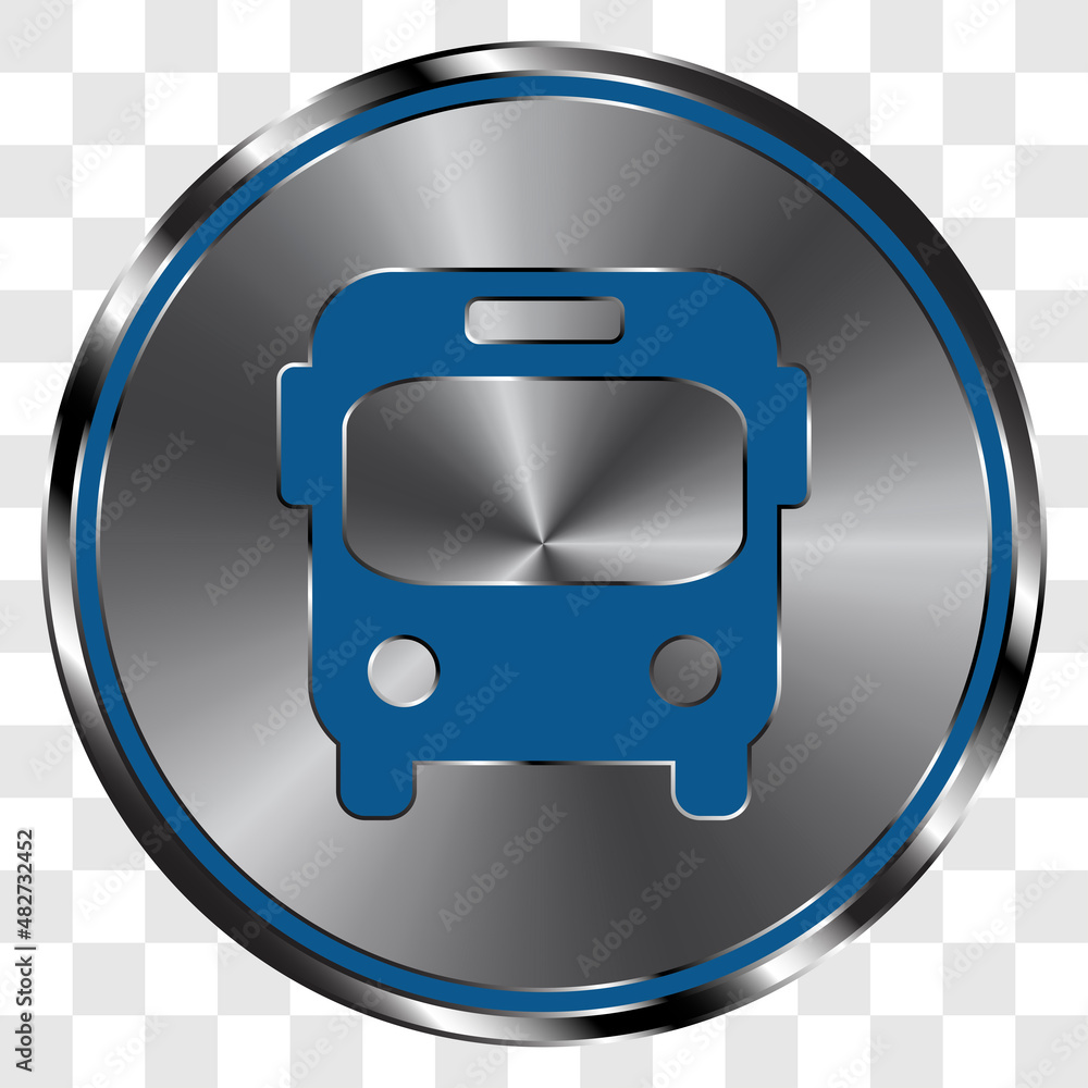 Poster bus simple icon on metal round button. transparent grid