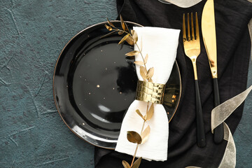 Beautiful table setting for wedding on black background