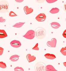 Lips and hearts cute seamless vector pattern in pastel color. Happy valentines day illustration. Flat style romantic design for packaging, wallpaper, cover, poster, template, and more
