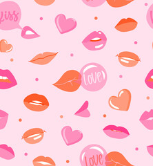 Lips and hearts cute seamless vector pattern in pink background. Happy valentines day illustration. Flat style romantic design for packaging, wallpaper, cover, poster, template