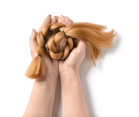 Woman with braided red hair for donation on white background