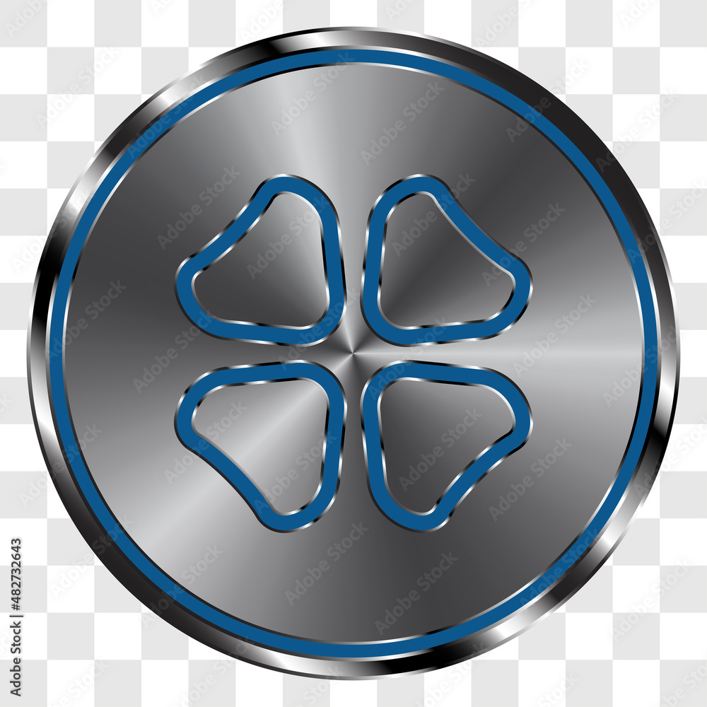 Poster clover simple icon on metal round button. transparent grid