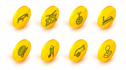 Set line Joystick for arcade machine, Cannon, Firework rocket, Classic dart board and arrow, Bumper car, Unicycle one wheel bicycle, Drum with drum sticks and Jumping trampoline icon. Vector © Oksana