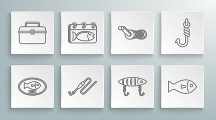 Set line Fish trophy hanging on the board, Calendar with fish, Fishing line hook and float, lure, Spinning reel for fishing, and Case box container wobbler gear equipment icon. Vector