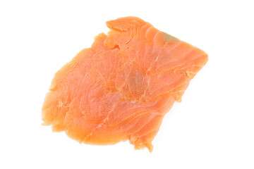 Thin fillet of salmon fish isolated on white background. Sliced meat