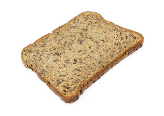 Slice of dark wholemeal bread with seeds isolated on white background