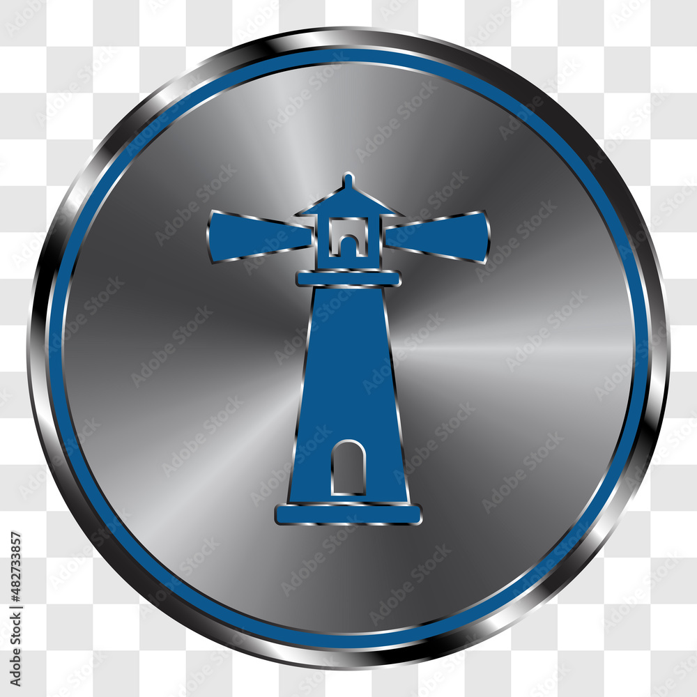 Poster lighthouse simple icon on metal round button. transparent grid