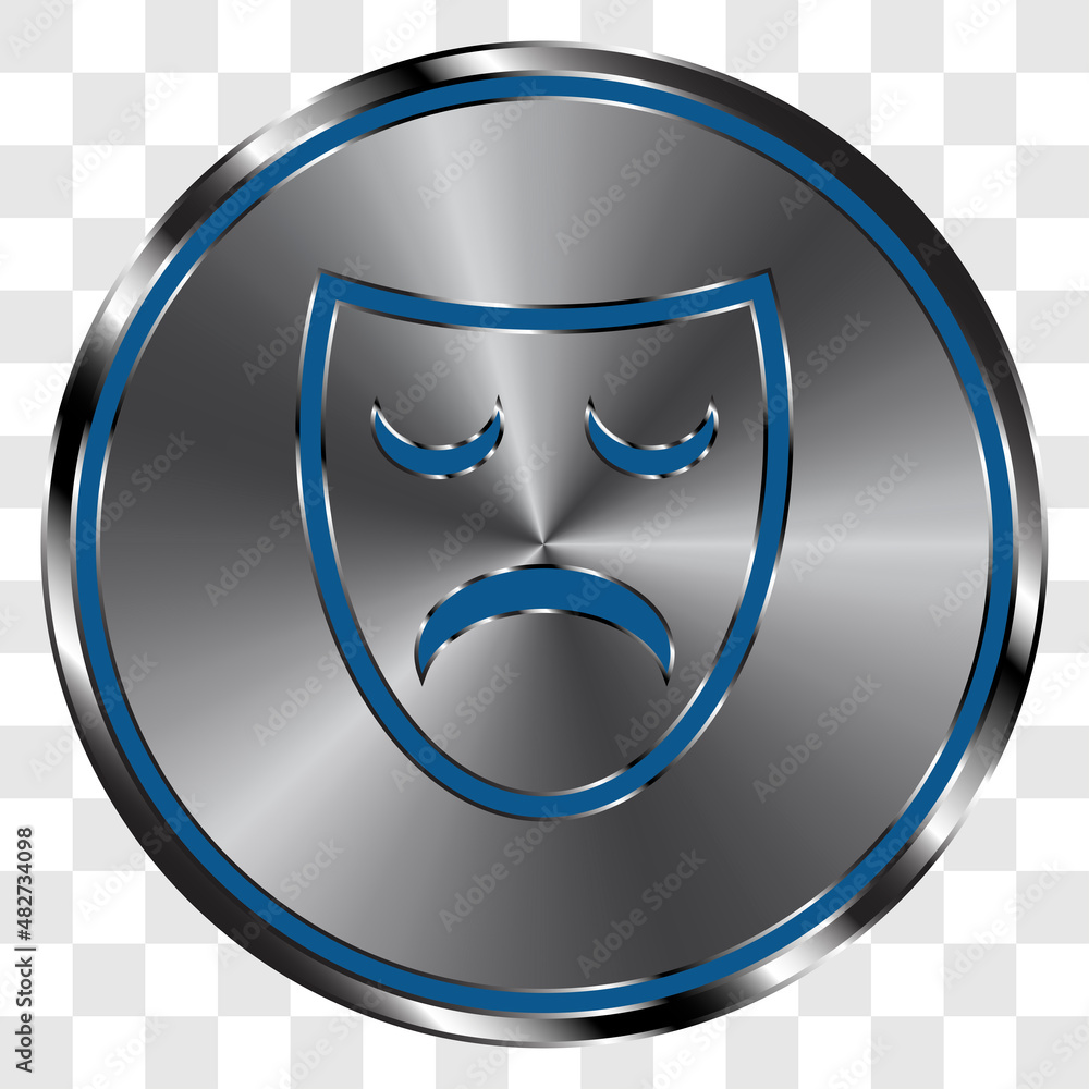 Poster mask simple vector icon on metal round button. transparent grid