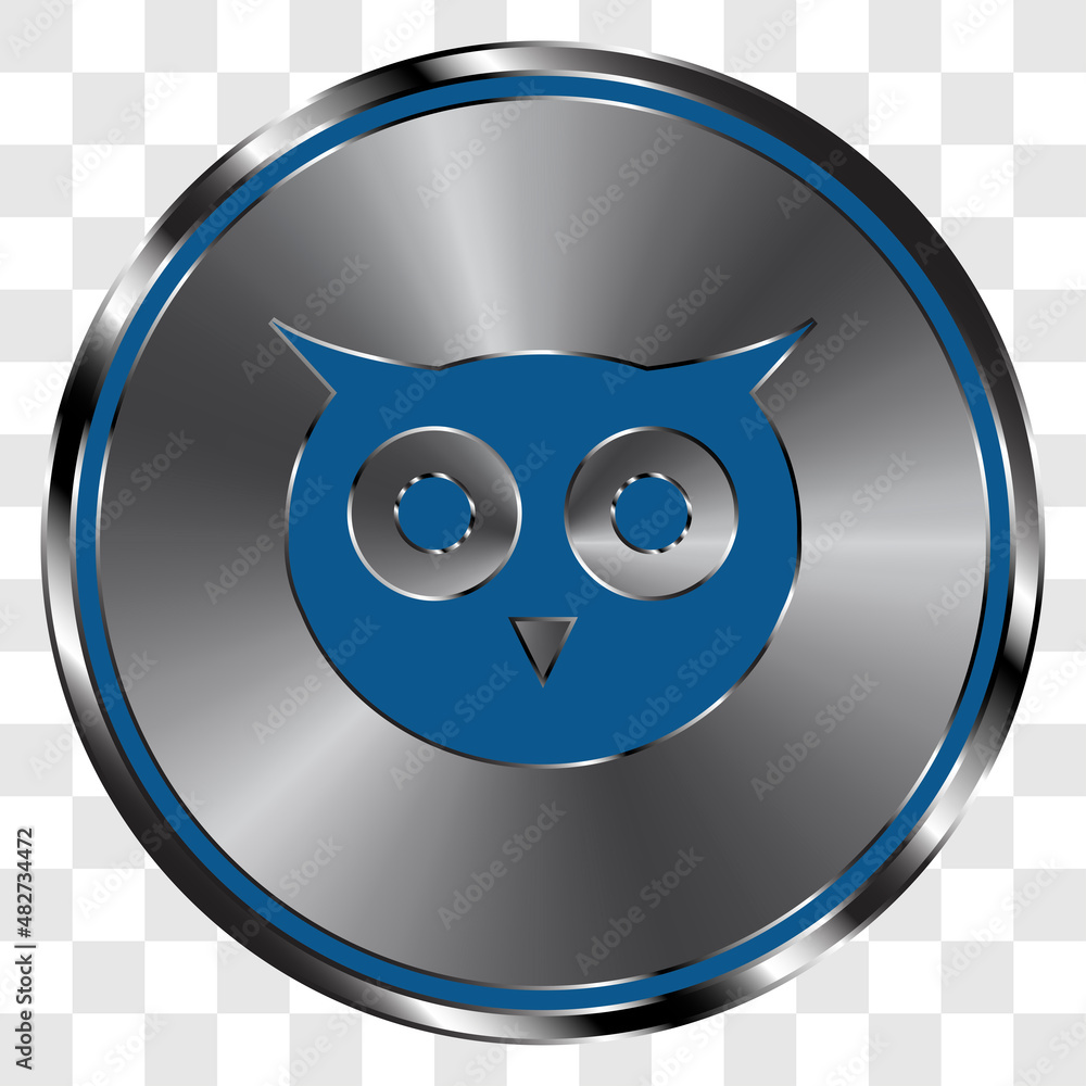 Poster owl simple icon on metal round button. transparent grid
