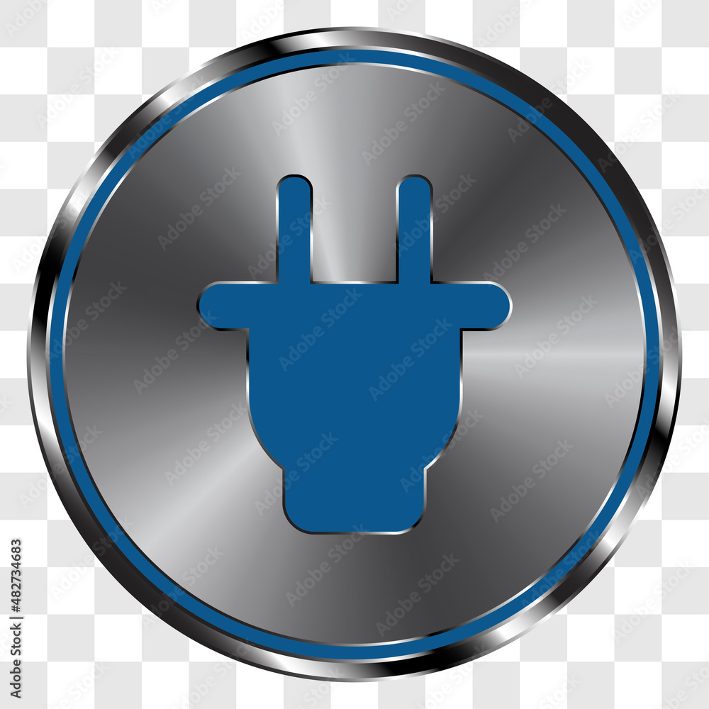 Poster plug simple icon on metal round button. transparent grid