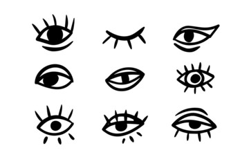 Abstract hand drawn eyes doodle outline simple set sketch