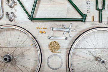 Vintage green bicycle frame and parts top view