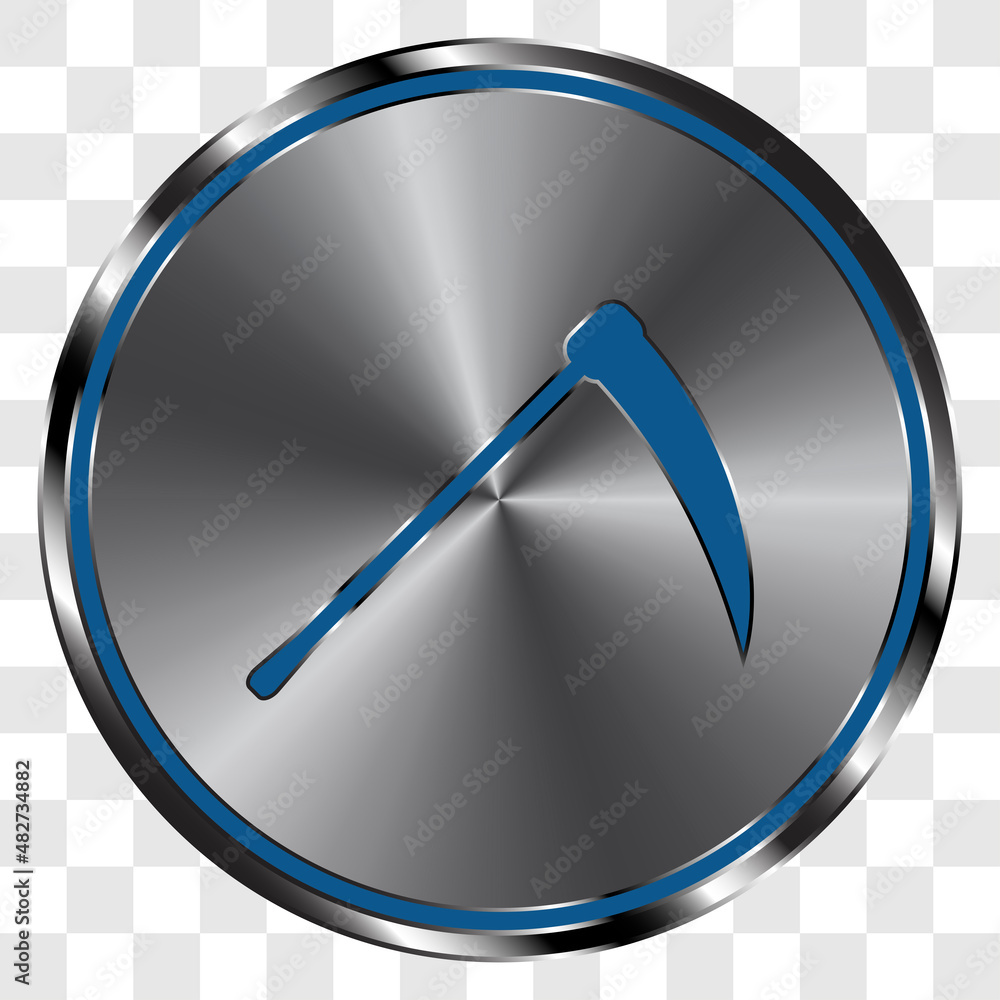 Poster scythe simple icon on metal round button. transparent grid