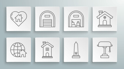 Set line Globe with house symbol, Warehouse, Home, Washington monument, Table lamp, House and heart shape icon. Vector
