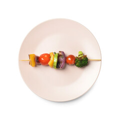 Plate with tasty vegetable skewer on white background
