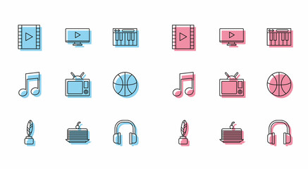 Set line Feather and inkwell, Cake, Play Video, Headphones, Television, Basketball ball, Music note, tone and Online play video icon. Vector