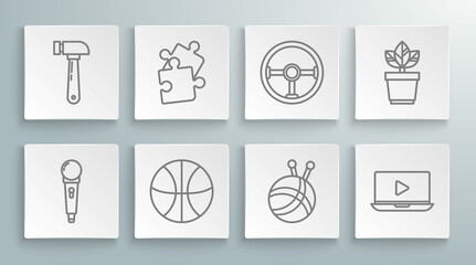 Set line Microphone, Piece of puzzle, Basketball ball, Yarn with knitting needles, Online play video, Steering wheel, Flowers pot and Hammer icon. Vector