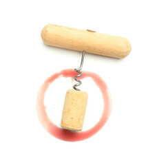 Spilled wine, cork and opener on white background