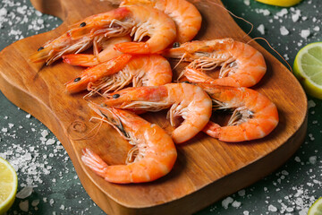 Wooden board of tasty shrimps on green background, closeup