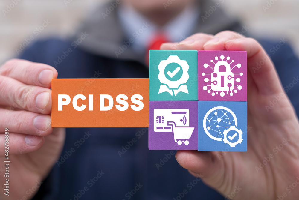 Aufkleber concept of pci dss - payment card industry data security standard. businessman holding colorful poly