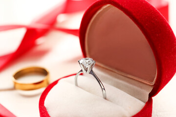 Box with beautiful silver engagement ring, closeup