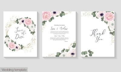 Vector template for a postcard. Invitation card, thanks. Pink roses, white roses, rununculus, anemones, eucalyptus, green plants and leaves. 