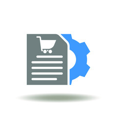 Vector illustration of list with shopping cart and gear. Icon of procurement. Symbol of retail product or shopping goods supply chain management and delivery.