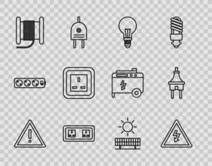 Set line Exclamation mark in triangle, High voltage sign, Light bulb with concept of idea, Electrical outlet, Wire electric cable reel or drum, Solar energy panel and sun and plug icon. Vector