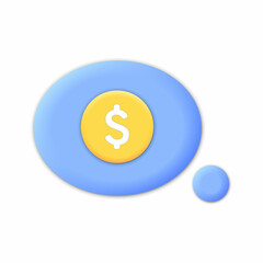 Symbol dollar cash icon blue speech message bubble isolated white background, 3d render illustration