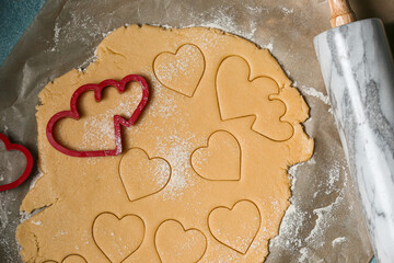 Dough for preparing cookies on table. Valentines Day celebration