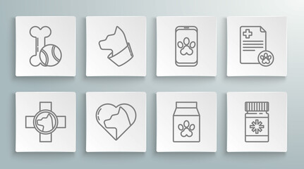 Set line Veterinary clinic symbol, Heart with cat, Bag of food for pet, Dog medicine bottle and pills, Online veterinary, Clipboard medical clinical record and Pet toys bone rubber ball icon. Vector