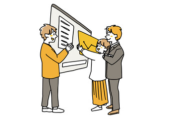 ウェブサイトのデザインを協力して行うチーム　コミカルな手書きの人物　ベクター、線画にシンプルな色つけ