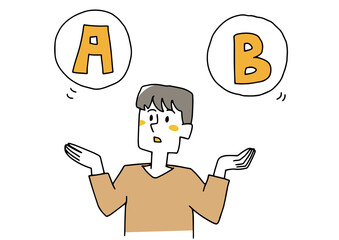 AかBで悩む男性　何かと何かを比べる　コミカルな手書きの人物　ベクター、線画にシンプルな色つけ　