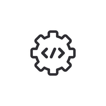 Settings icon. Vector gear. Options sign. Service symbol. Gear. Coding icon. Options button. Parameters icon. Software settings. Settings pictogram. Customize sign. Extra options. Program code. Code
