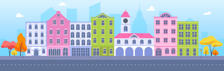 Urban landscape flat vector concept. Old city buildings, houses, road, trees. Small town illustration.Town city street panoramic cityscape background in flat style. Set of city buildings.